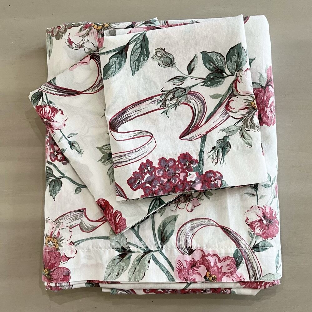 VTG Percale Thomaston Queen Flat Sheet & 2 Pillow Cases English Garden Floral - Picture 2 of 6
